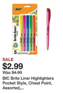 Office Depot BIC Brite Liner Highlighters Pocket Style, Chisel Point, Assorted, 5-Pack offer