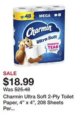 Office Depot Charmin Ultra Soft 2-Ply Toilet Paper, 4 x 4, 208 Sheets Per Roll, Pack Of 12 Mega Rolls offer