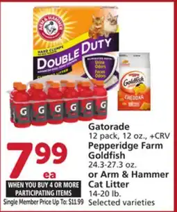 Albertsons Gatorade 12 pack, 12 oz., Pepperidge Farm Goldfish 24.3-27.3 oz., Arm & Hammer Cat Litter 14-20 lb offer