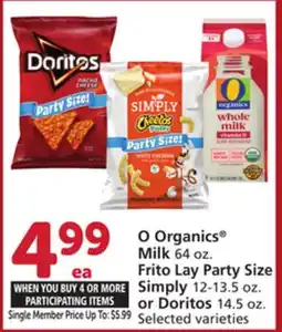Albertsons O Organics Milk 64 oz. Frito Lay Party Size Simply 12-13.5 oz. or Doritos 14.5 oz offer