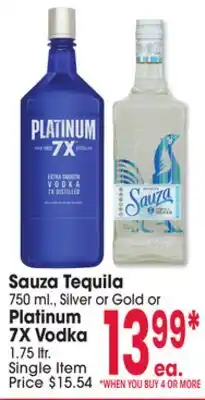 Jewel-Osco Sauza Tequila 750 mL, Silver or Gold or Platinum 7X Vodka 1.75 l offer