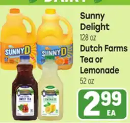 Tony’s Fresh Market Sunny Delight 128 oz Dutch Farms Tea or Lemonade 52 oz offer