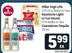 Tony’s Fresh Market Miller High Life, Keystone Light or Ice House or Cazadores Tequila offer