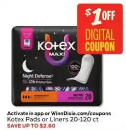 Winn Dixie Kotex Pads or Liners offer
