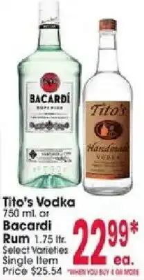 Jewel-Osco Tito's Vodka or Bacardi Rum offer