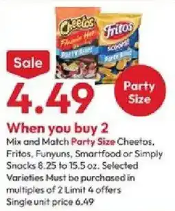 Stater Bros Mix and Match Party Size Cheetos, Fritos, F纭uns, Smartfood or Simply Snacks offer