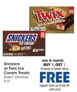 Ralphs Snickers or Twix Ice Cream Treats offer