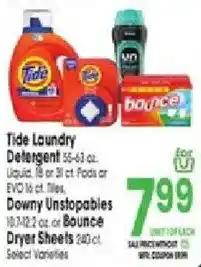 Jewel-Osco Tide Laundry Detergent or Downy Unstopables or Bounce Dryer Sheets offer