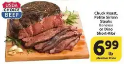 Vons Usda choice beef chuck roast petite sirloin steaks boneless or dino short-ribs offer