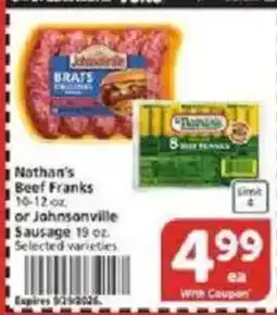 Vons Nathan's Beef Franks or Johnsonville Sausage offer