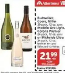 Vons Budweiser, Coors, Miller, Modelo Oro Light, Corona Premier or Michelob Ultra offer