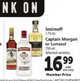 Safeway Smirnoff, Captain Morgan or Lunazul offer