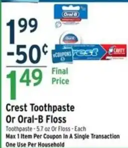 Brookshire's Crest Toothpaste Or Oral-B Floss offer