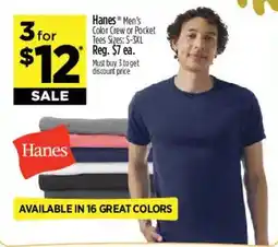 Dollar General Hanes men's color crew or pocket tees offer