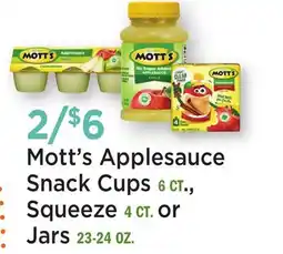 Heinen's Mott's Applesauce Snack Cups 6 CT., Squeeze 4 CT. or Jars 23-24 OZ offer
