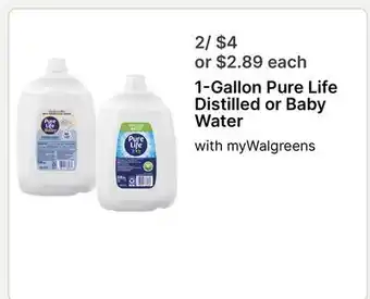 Walgreens 1-Gallon Pure Life Distilled or Baby Water offer