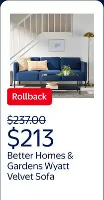 Walmart Better Homes & Gardens Wyatt Velvet Sofa, Blue Cove offer