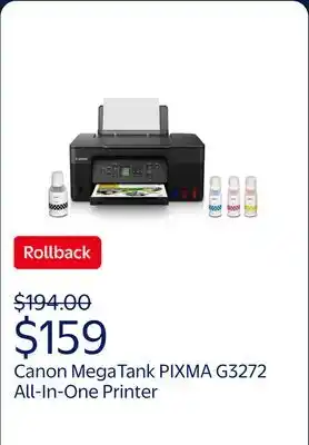 Walmart Canon MegaTank PIXMA G3272 All-In-One, Wireless Color Inkjet Printer for Home Office Use offer