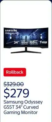 Walmart Samsung 34 Odyssey G55T WQHD 165Hz 1ms(MPRT) AMD FreeSync HDR Curved Gaming Monitor - LC34G55TWDNXZA offer