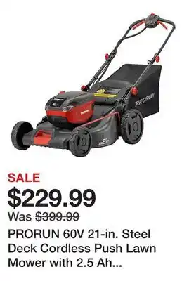 Tractor Supply Company PRORUN 60V 21-in. Steel Deck Cordless Push Lawn Mower with 2.5 Ah Battery and Charger offer
