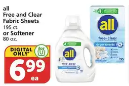 Vons all Free and Clear Fabric Sheets 195 ct. or Softener 80 oz offer
