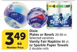 Vons Dixie Plates or Bowls 20-50 ct. Vanity Fair Napkins 80 ct. or Sparkle Paper Towels 2 double rolls offer