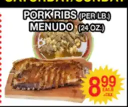 Superior Grocers PORK RIBS (PER LB.) MENUDO (24 OZ.) offer