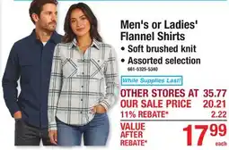 Menards Men's or Ladies' Flannel Shirts offer