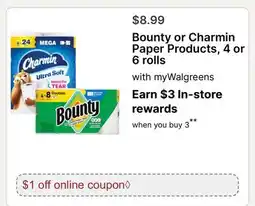 Walgreens Bounty or Charmin Paper Products, 4 or 6 rolls offer