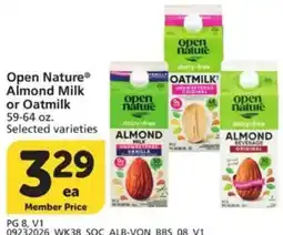 Vons Open Nature Almond Milk or Oatmilk offer