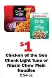 Schnucks Chicken of the Sea Chunk Light Tuna or Nissin Chow Mein Noodles offer