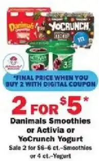 Schnucks Danimals Smoothies or Activia or YoCrunch Yogurt offer