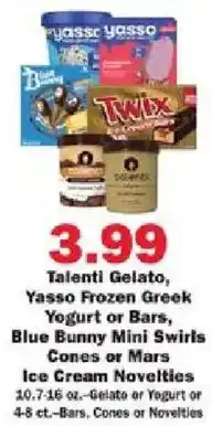 Schnucks Talenti Gelato, Yasso Frozen Greek Yogurt or Bars, Blue Bunny Mini Swirls Cones or Mars Ice Cream Novelties offer