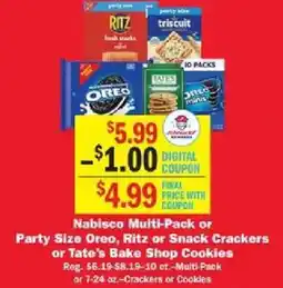 Schnucks Nabisco Multi-Pack or Party Size Oreo, Ritz or Snack Crackers or Tate's Bake Shop Cookies offer