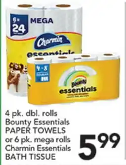 Pete's Fresh Market Bounty Essentials PAPER TOWELS or 6 pk. mega rolls Charmin Essentials BATH TISSUE offer