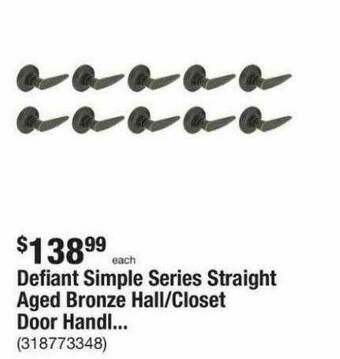 The Home Depot Defiant Simple Series Straight Aged Bronze Hall Closet Door Handl... offer