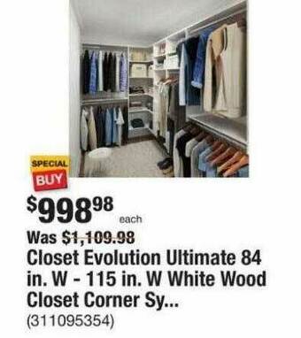 The Home Depot Closet Evolution Ultimate 84 In. W - 115 In. W White Wood Closet Corner Sy... offer