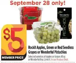 Raley's Rockit Apples, Green or Red Seedless Grapes or Wonderful Pistachios offer