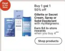 Walgreens Gillette or Secret Cream, Spray or Solid Deodorant offer