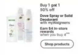 Walgreens Dove Spray or Solid Deodorant offer