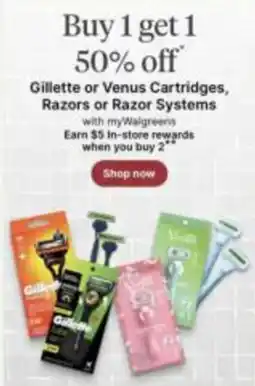 Walgreens Gillette or Venus Cartridges, Razors or Razor Systems offer