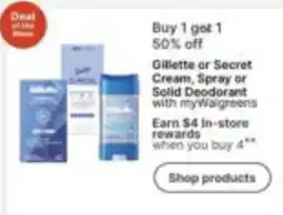 Walgreens Gillette or Secret Cream, Spray or Solid Deodorant offer