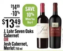 Jons International J. Lohr Seven Oaks Cabernet or Josh Cabernet, Merlot offer