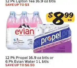 Winn Dixie 12 Pk Propel 16.9 oz btls or 6 Pk Evian Water 1 L btls offer