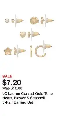 Kohl's LC Lauren Conrad Gold Tone Heart, Flower & Seashell 5-Pair Earring Set offer