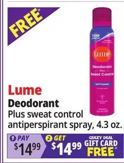 Ocean State Job Lot Lume Deodorant Plus sweat control antiperspirant spray offer