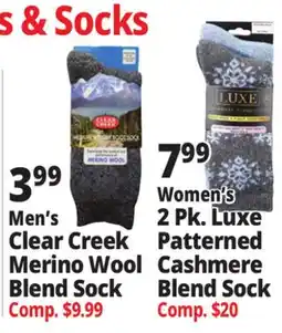 Ocean State Job Lot Men's Clear Creek Merino Wool Blend Sock, Women's 2 Pk. Luxe Patterned Cashmere Blend Sock offer