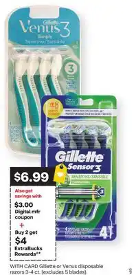 CVS Gillette or Venus disposable razors 3-4 ct. (excludes 5 blades) offer