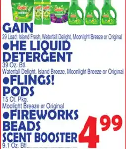 Bravo Supermarkets GAIN HE LIQUID DETERGENT, FLINGS! PODS, FIREWORKS BEADS SCENT BOOSTER offer