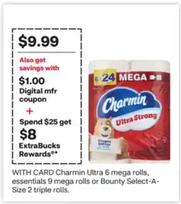 CVS Charmin Ultra 6 mega rolls, essentials 9 mega rolls or Bounty Select-A-Size 2 triple rolls offer